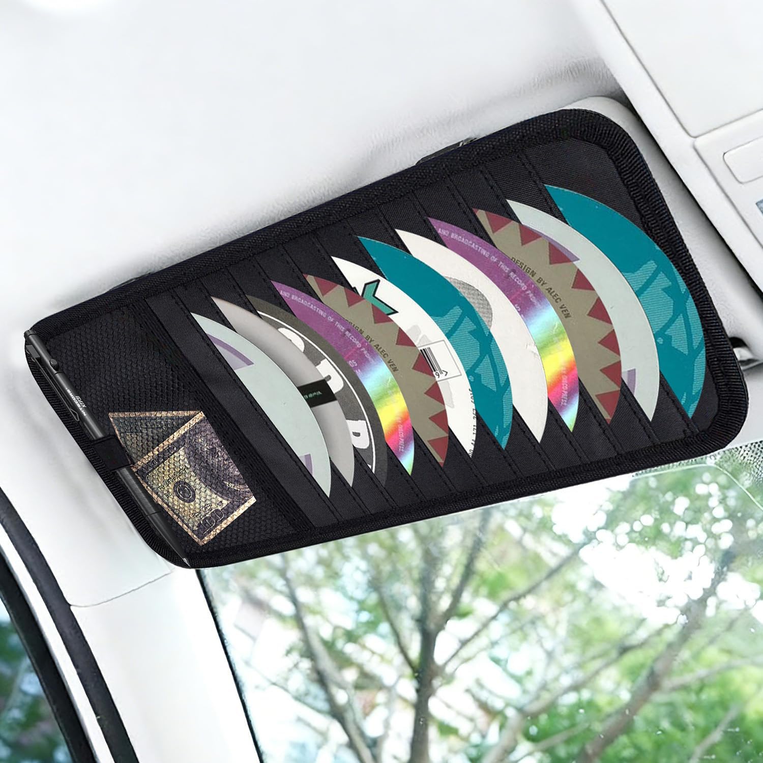 Black CD Holder for Car,Car CD Holder,Visor CD Holder,Large Capacity for 12 DVD Storage Pockets 1 Mesh Pocket 1 Pen Slot 1 Back Inner Pocket and Elastic Strap (Black)