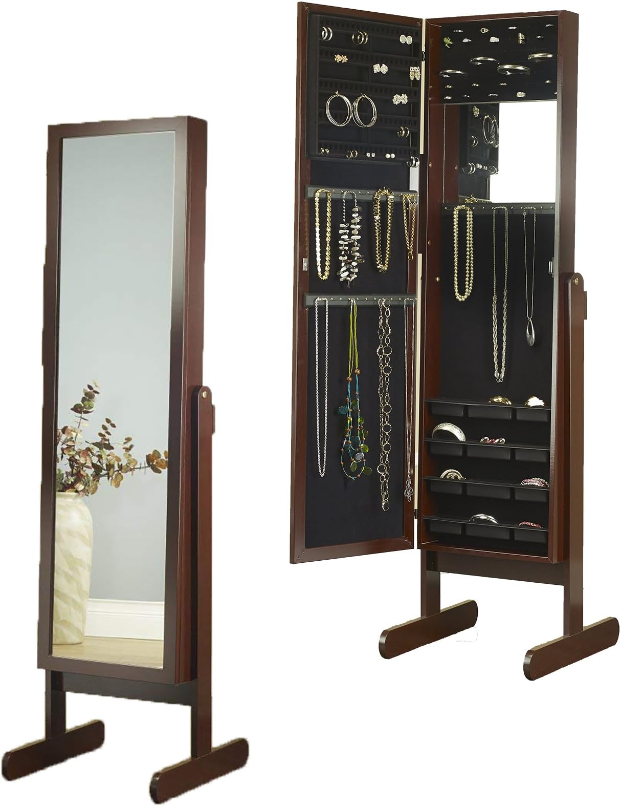 Plaza Astoria Free Standing Jewelry Armoire Cabinet Style Jewelry Armoire with Adjustable Stand, Full Dressing Mirror & Vanity Mirror for Bracelets, Necklaces, Rings, Earrings and More, Cherry Finish