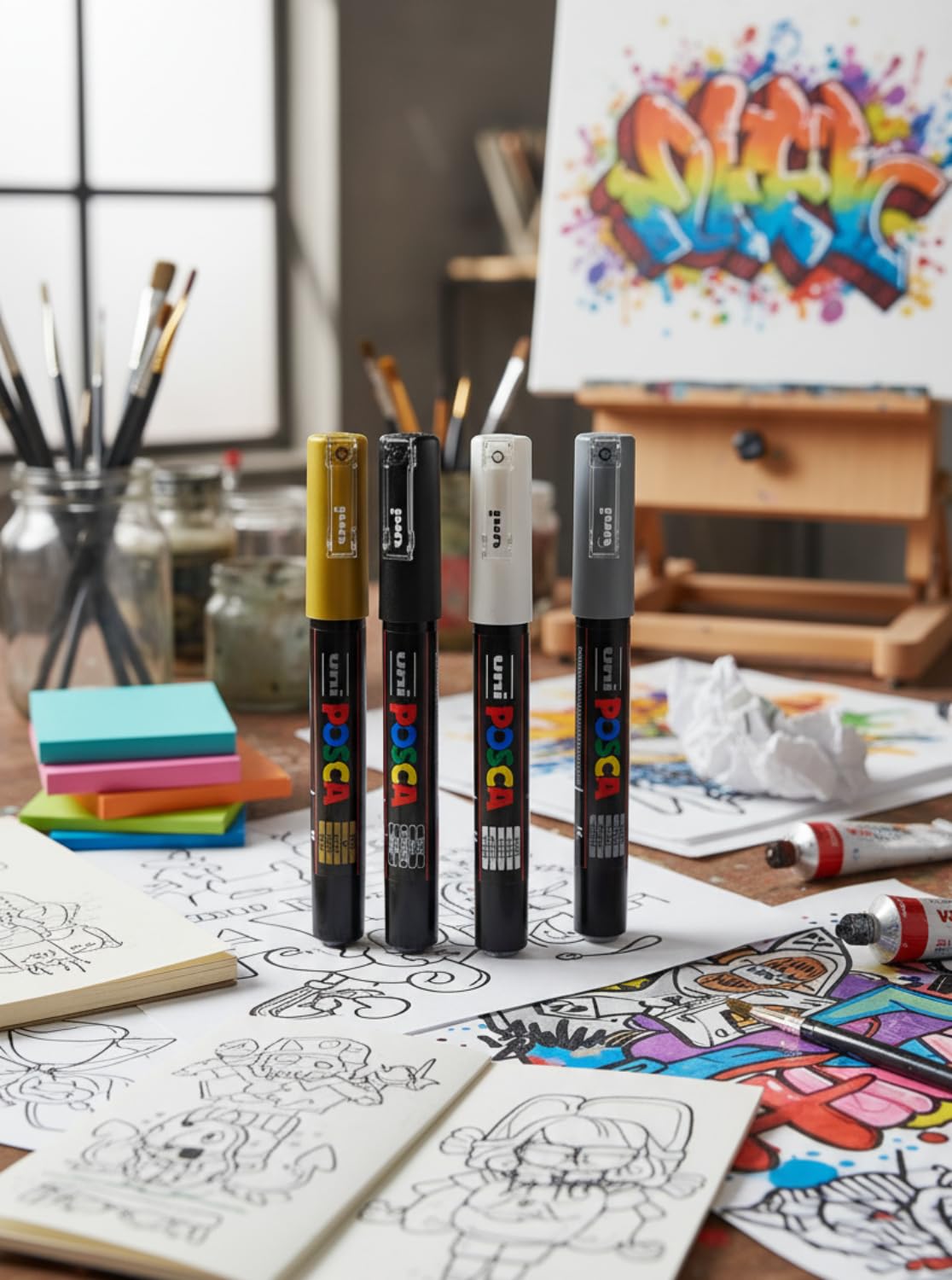 POSCA Uni Mitsubishi Pencil – Maxi-Pack mit verschiedenen Spitzen und Farben – 14 Marker für Farbe auf Wasserbasis – inkl. Tasche | Uni Mitsubishi Pencil – PC1MC PC3M PC5M – 12 deckende Farben, permanent auf porösen Oberflächen