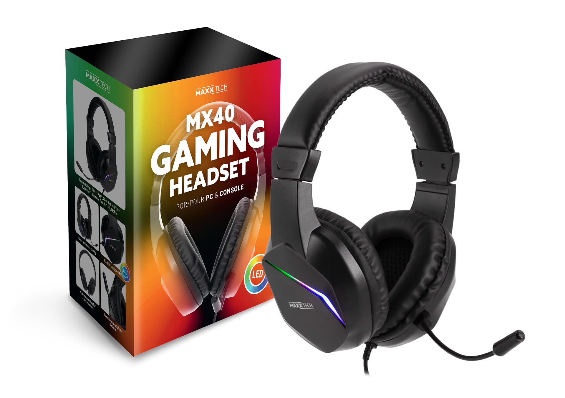 Maxx Tech Gaming Headset with light up LED, MX40 wired with 3.5mm aux