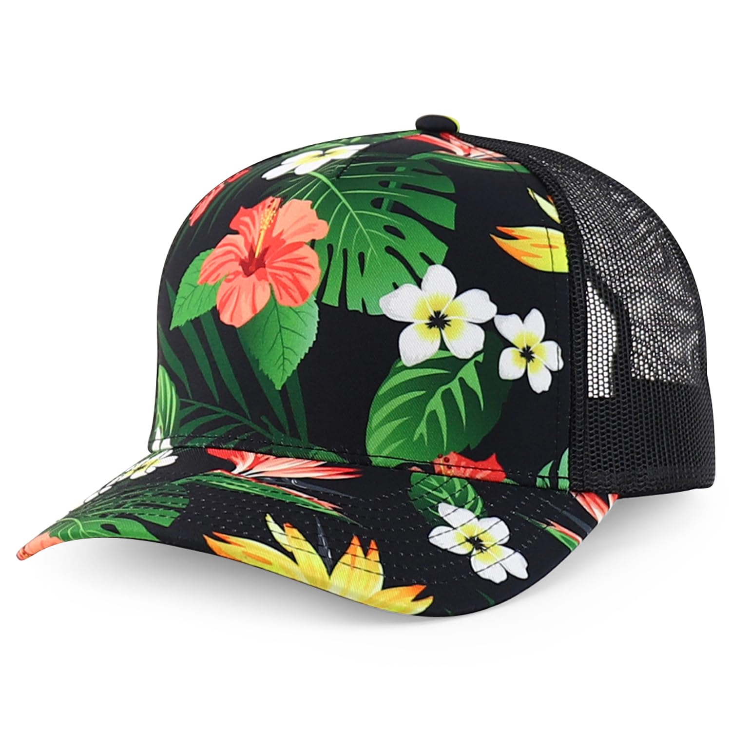 Trendy Apparel ShopTropical Floral Printed 5 Panel Mesh Back Snapback Cap