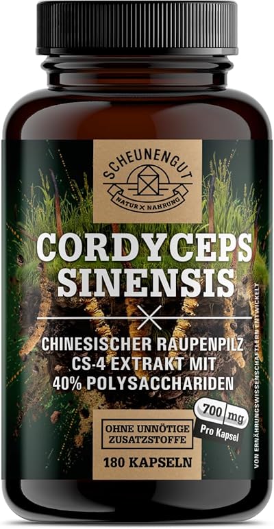 Cordyceps 1400mg -WICHTIG: 10:1 Extrakt (=14000mg reiner Raupenpilz pro Tagesdosis) +40% bioaktive Polysaccharide -Cordyceps Kapseln Hochdosiert- Vegan DE SCHEUNENGUT®