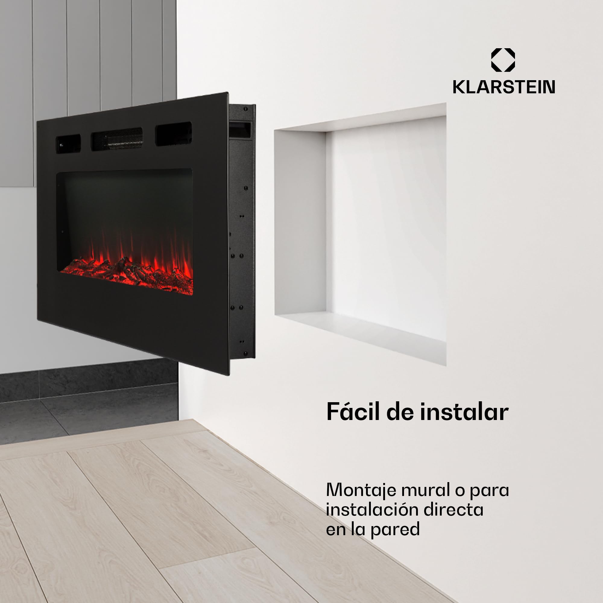 Klarstein Chimenea Electrica Pared, Estufa sin Leña de Interior, Chimeneas Electricas Decorativas 1800W, Llama LED, Chimenea Decorativa Falsa, Mando a Distancia, Temporizador y Termostato Ajustable