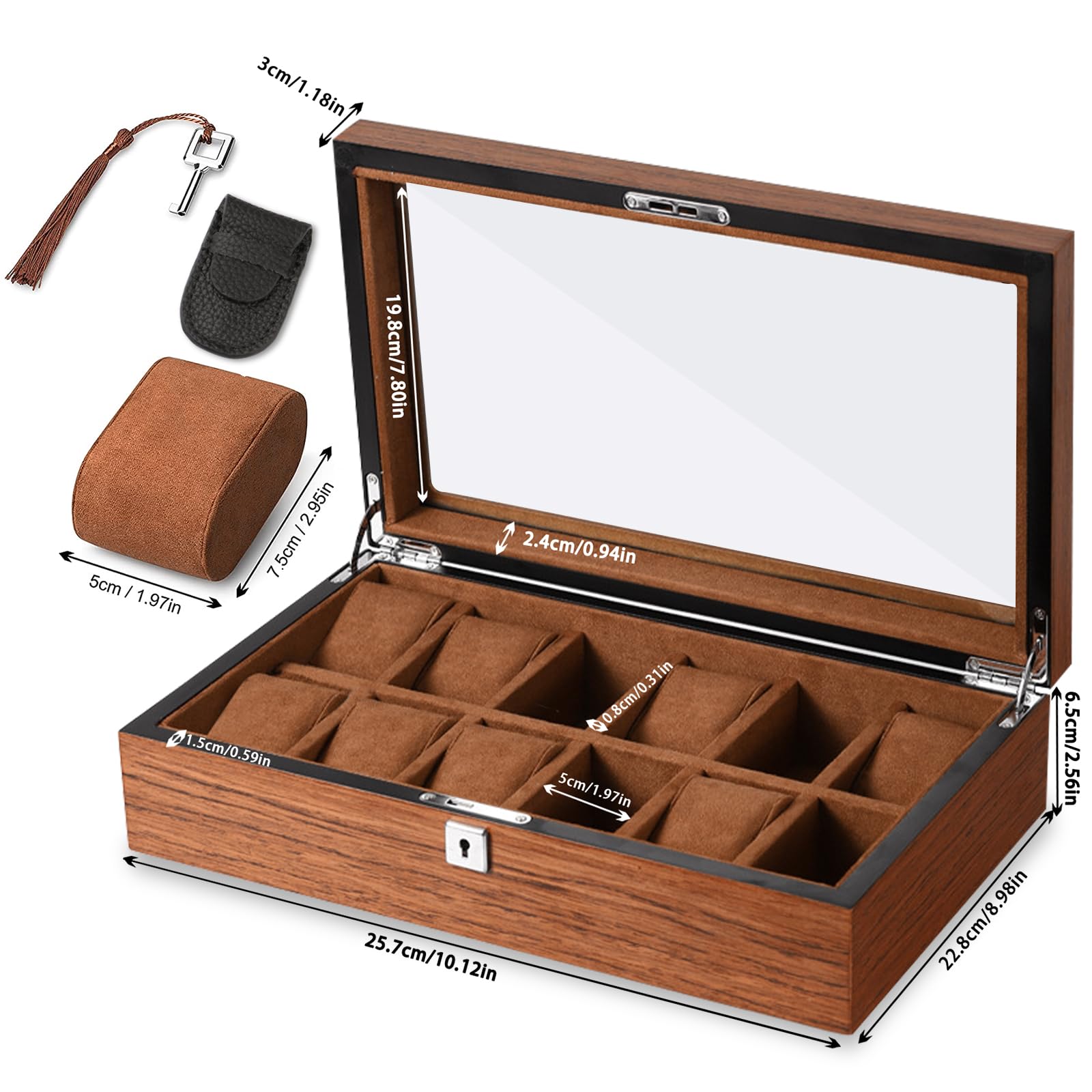 Coffret à montres en bois à 12 emplacements, boîte de rangement pour montres, coffret à montres avec couvercle en verre, coffret à montres avec 12 supports de montres amovibles, présentoir et organi
