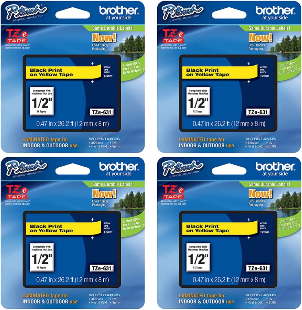 Brother Genuine P-Touch 4-Pack TZe-631 Laminated Tape, Black Print on Yellow Standard Adhesive Laminated Tape for P-Touch Label Makers, Each Roll is 0.47"/12mm (1/2") Wide, 26.2 ft. (8M) Long