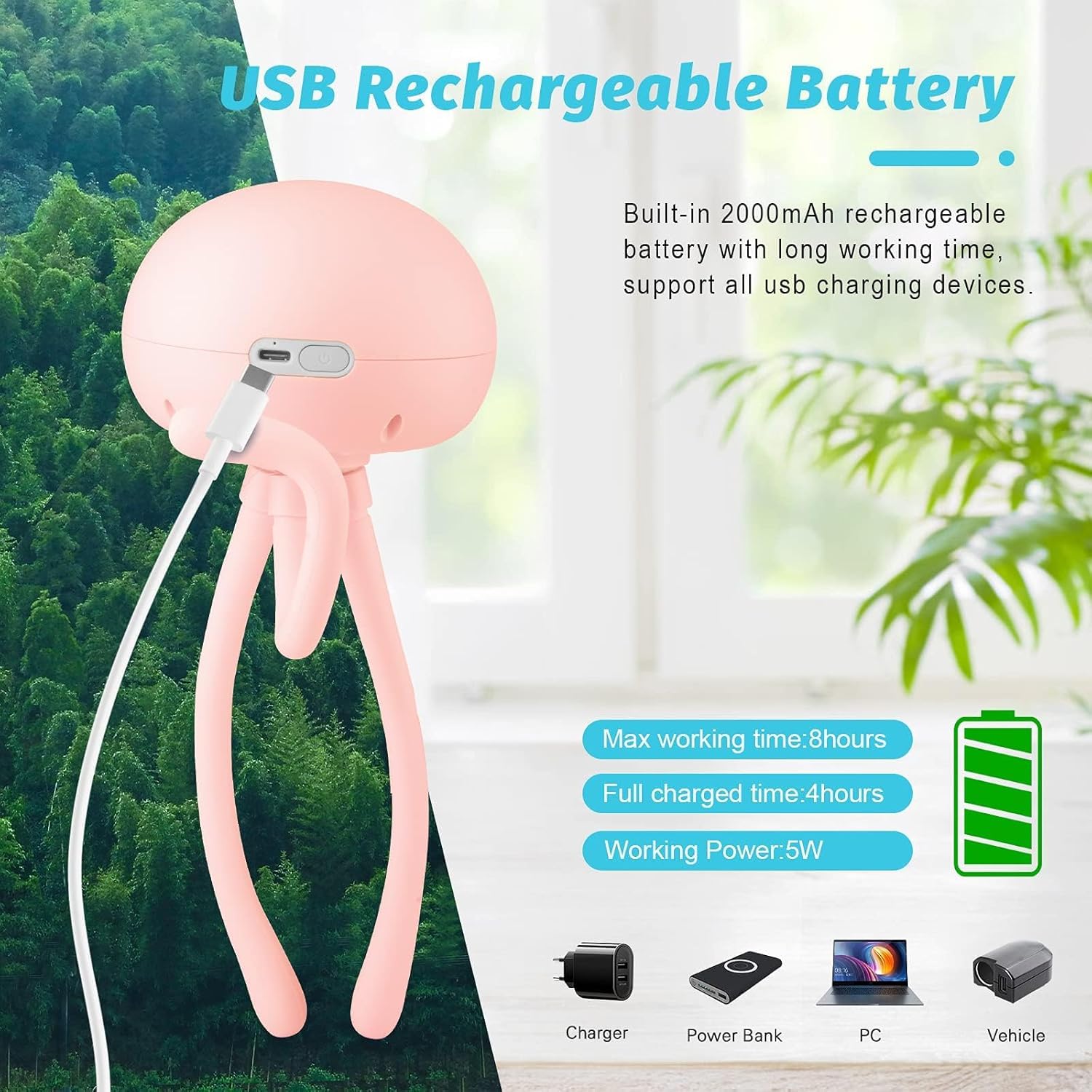 Portable Stroller Fan with Flexible Tripod Legs, Rechargeable Battery Operated Mini USB Fan, Quiet Strong Airflow Personal Fan for Baby Stroller, Car Seat, Travel, Home & Office (Pink) 2