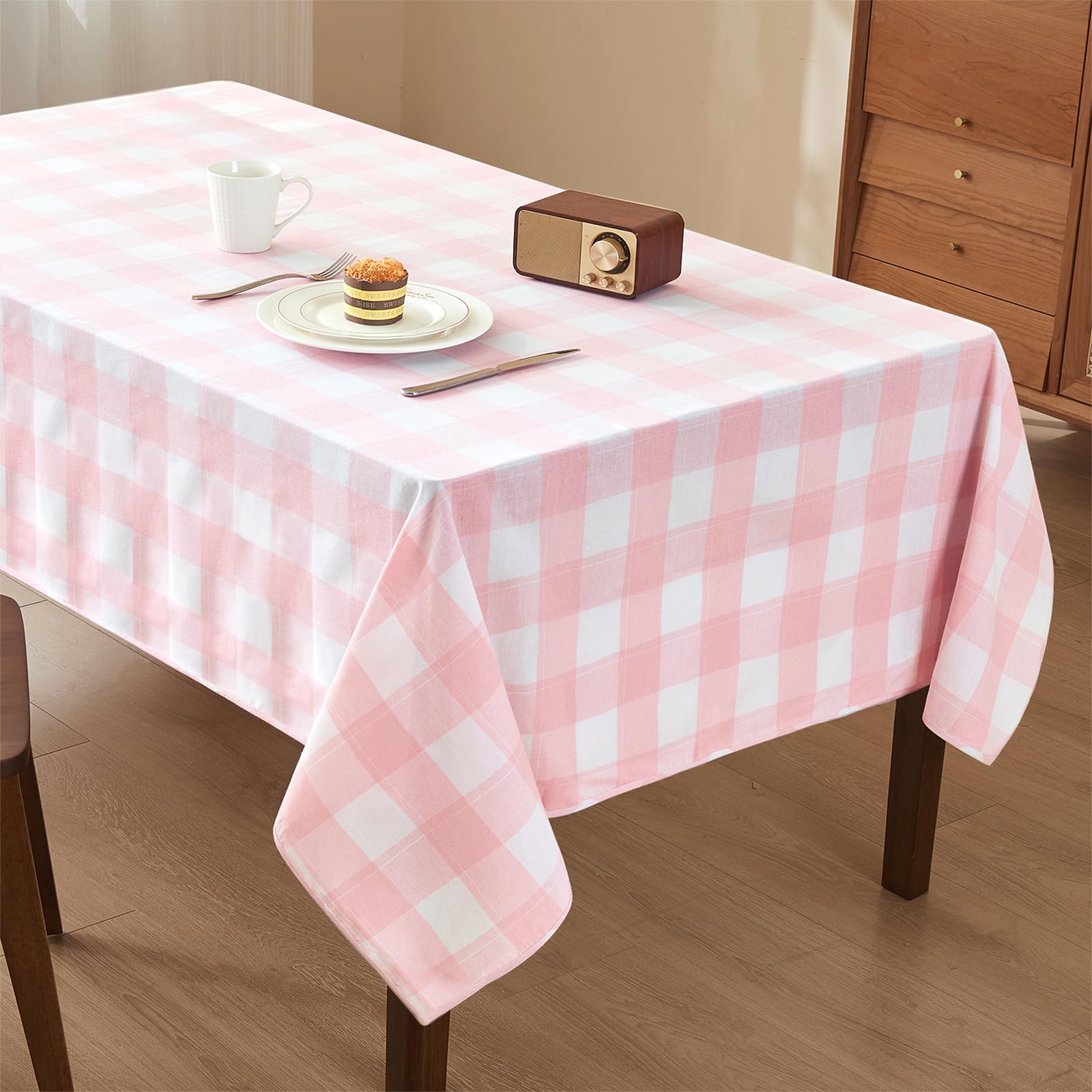 WAITER TREE Table Cloth Gingham 145x300 cm Rectangular Wipe Clean Table Cover,Pink Checkered Wipeable Waterproof Spillproof Tablecloth for Outdoor Picnic Dining Kitchen Party - Pink and White โ image 1