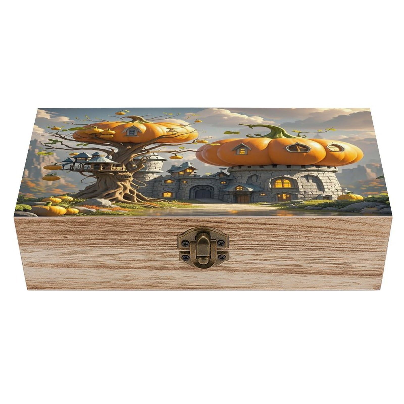 VstaDank Pumpkin Building Wooden Storage Box Wooden Keepsake Box with A Hinged Lid Fashion Memory Treasure Boxes Decorative Jewelry Case for Crafts Photo Home Decor Wood Gift Box