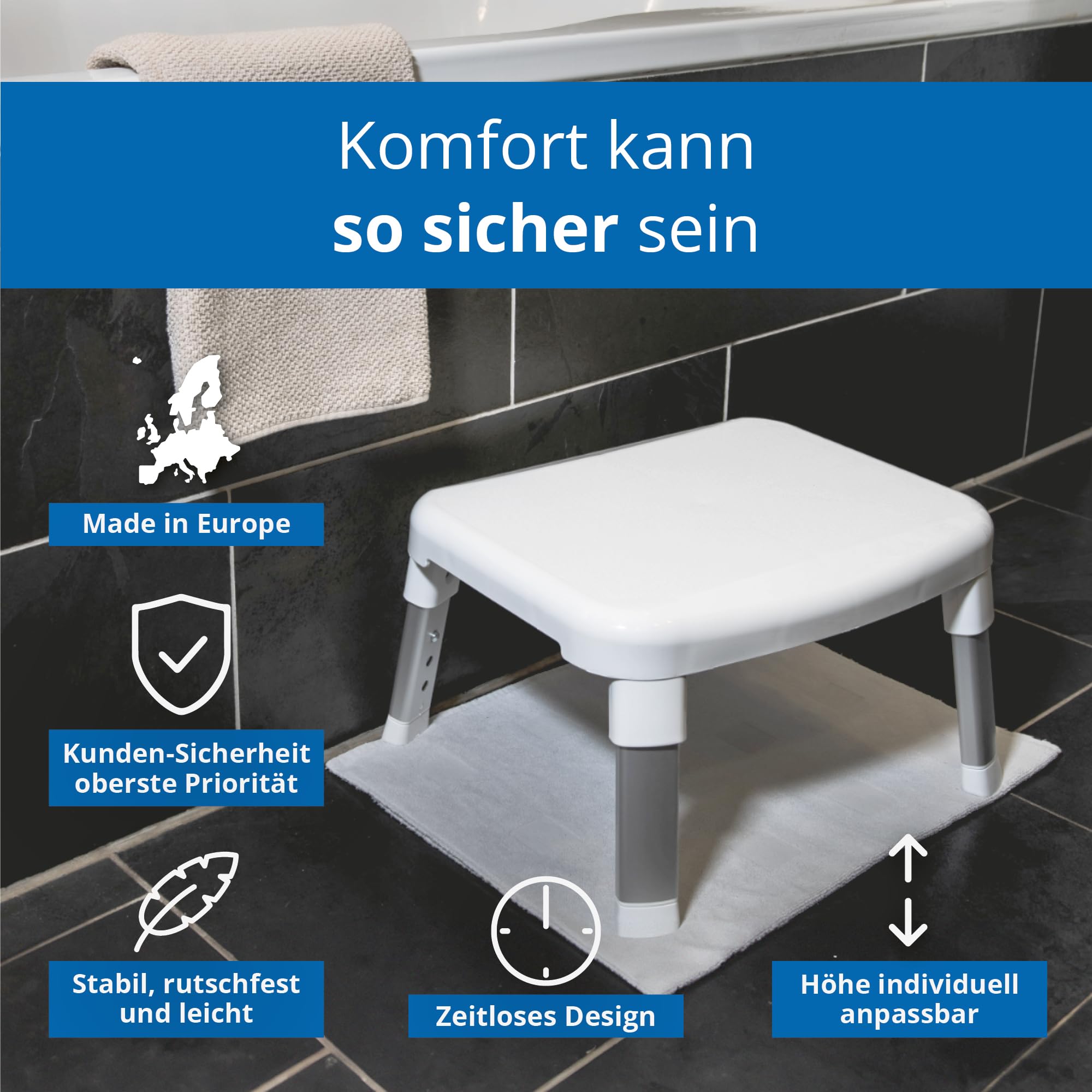 Weinberger Fußhocker Tritthocker | Einstiegshilfe Badewanne | Trittstufe Waschbecken | Höhenverstellbar | Anti-Rutsch | Moderne Badezimmerhilfe für Senioren und Kinder | Modell 43910 | Weiß