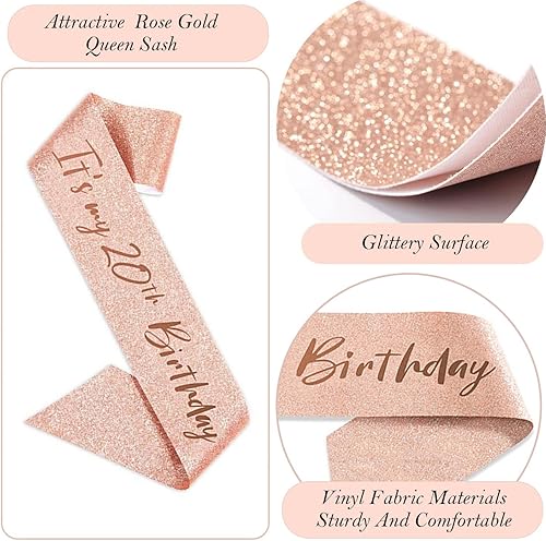 Miniatura 5 de Decoraciones de 20 cumpleaños para mujer, banda y corona de cumpleaños, decoración de pastel y velas, tarjeta emergente, globos de números, regalos