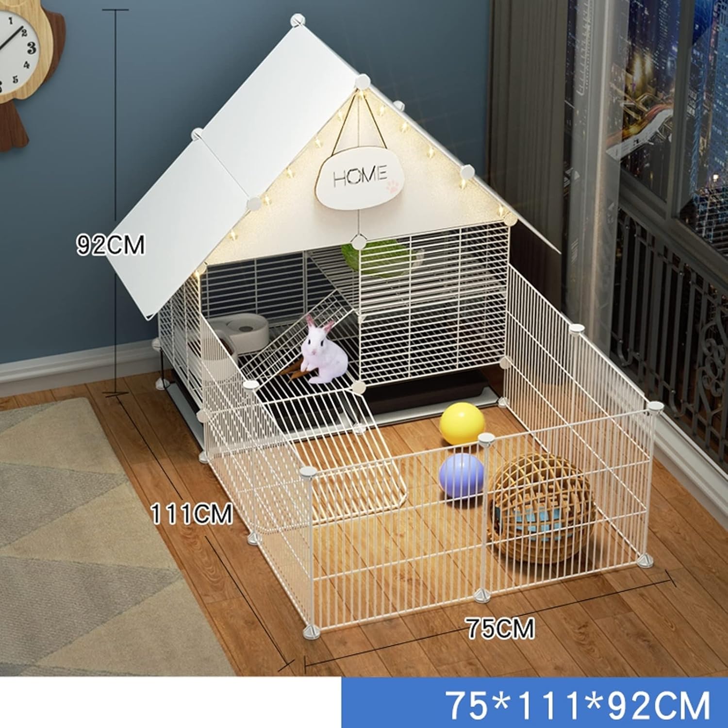2-Story Rabbit Cage Indoor Bunny Hutch with 2 Deep Pull-Out Trays Small Animals Outdoor Pet House with Waterproof Roof for Ferret, Chinchilla, Hedgehog (Color : White, Size : 75 * 111 * 92cm
