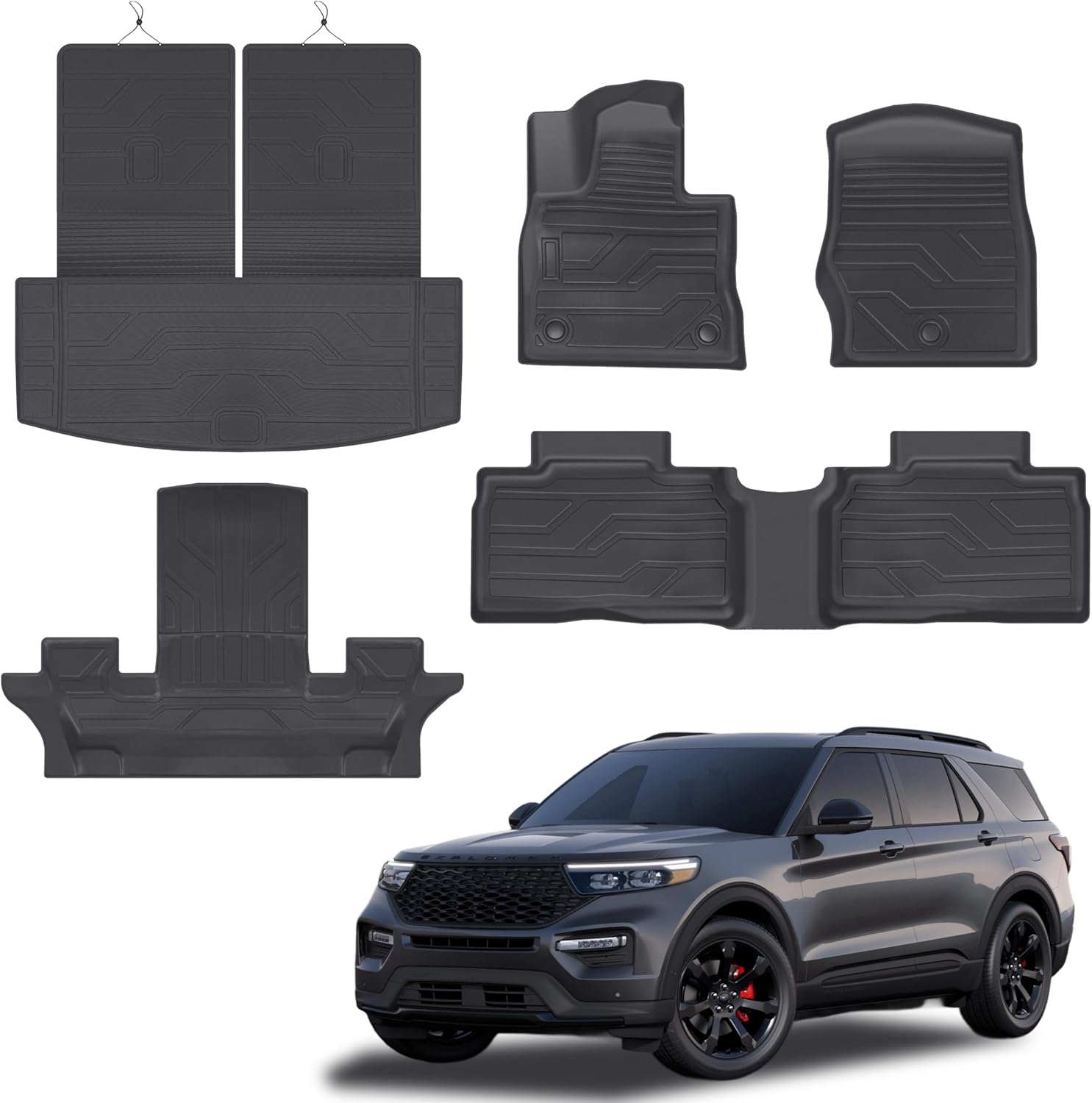 KARPAL Floor Mats Cargo Liners Fit for Ford Explorer 2020-2025 (6-Passenger 2nd Row Captain Seats), Front & 2nd & Cargo & Rear Seats Back Mat, TPE All Weather Floor Liners