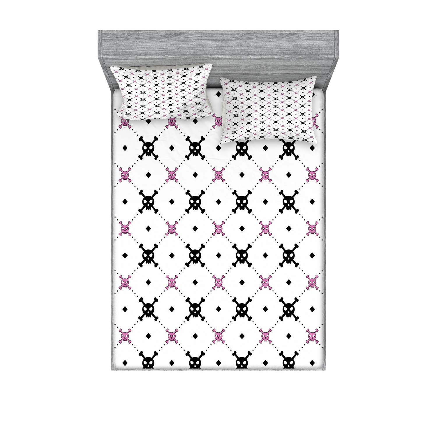 Ambesonne Skull Fitted Sheet & Pillow Sham Set, Girly Skull and Crossbones Checkered Pattern Simple Design Image, Decorative Printed 3 Piece Bedding Decor Set, King, Pink White