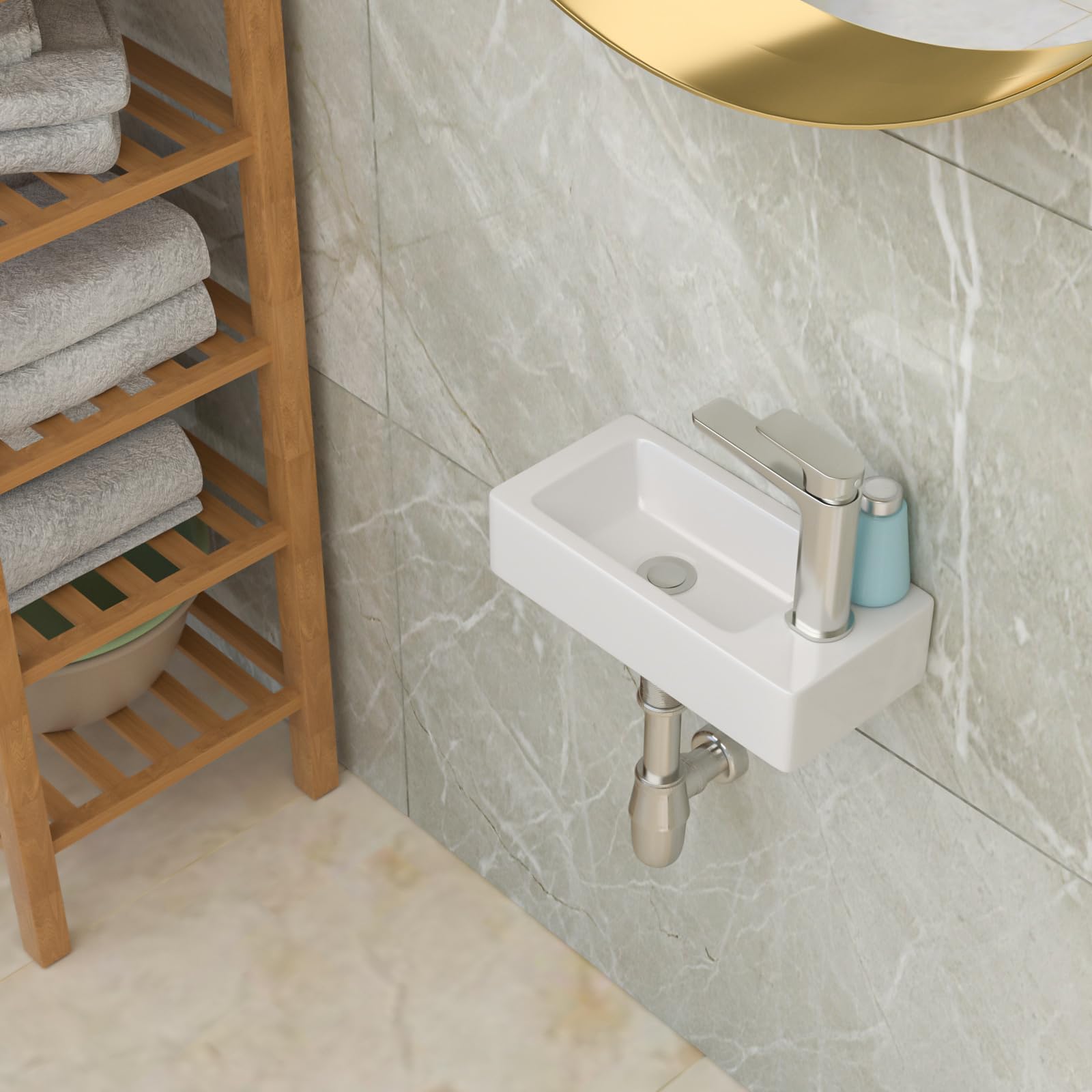 Lordear Small Bathroom Sink Wall Mounted Bathrrom Corner Sink 15"x 7" Floating Hand Wash Basin Wall Hung Right Hand White Ceramic Sink for Cloakroom Toilet Room Bathroom