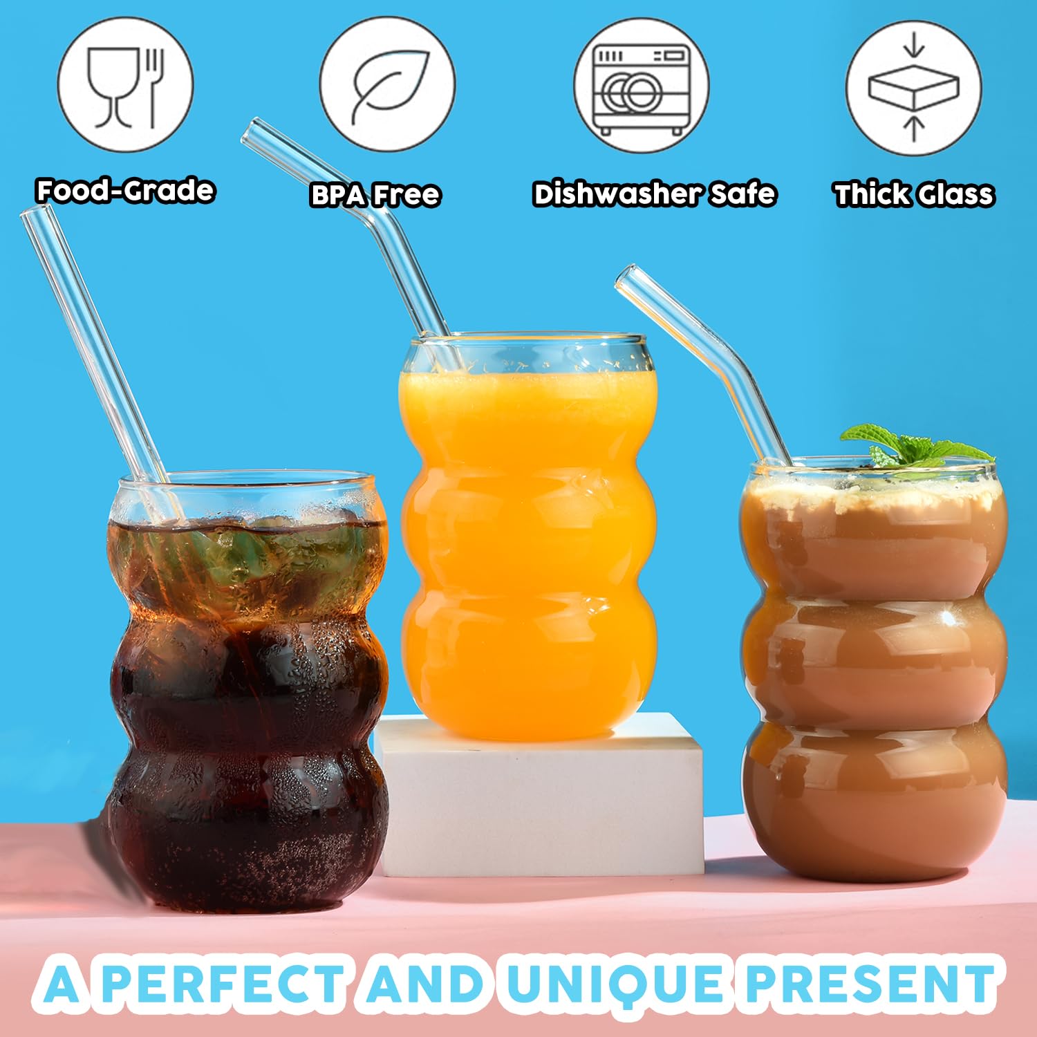 ALINK Bubble Gläs - Set di 4 bicchieri da 550 ml, a coste, per latte macchiato, bicchieri da caffè freddo, bicchieri da cocktail