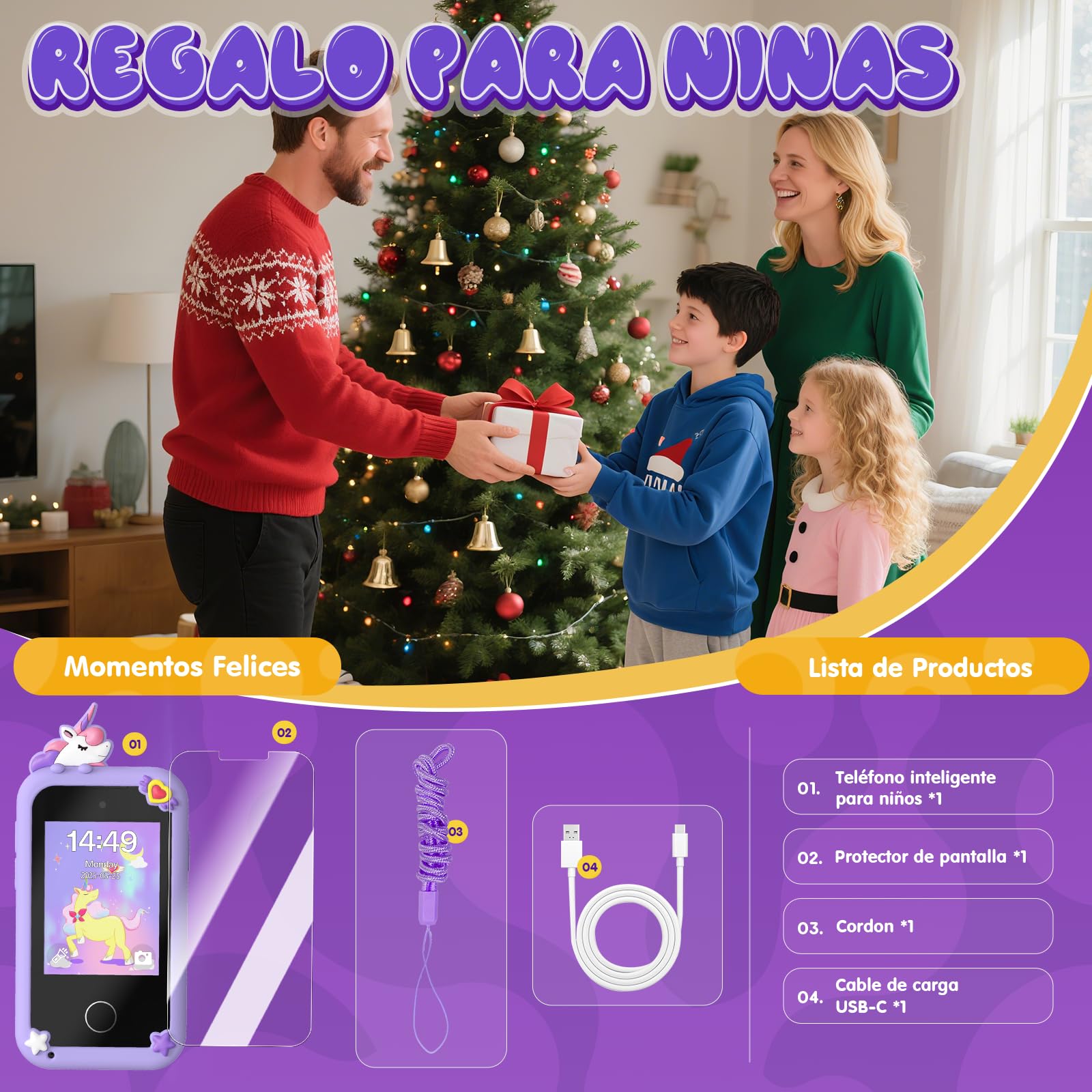 Fippesax Kinder Handy Smartphone Spielzeug, Dualkamera, 8G SD Karte, MP3 Player, 20 Lernspiele, für 3-9 Jahre (Lila)