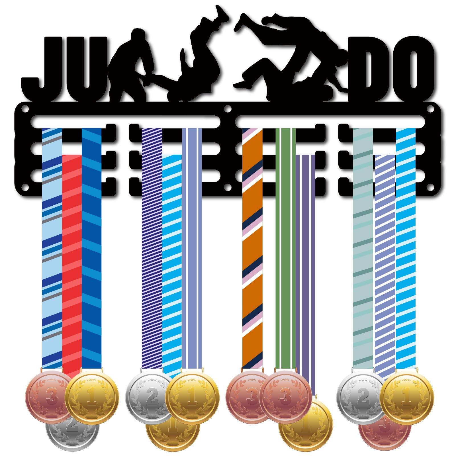 CREATCABIN Porta Medaglie Judo Espositore per Medaglie Organizer in Metallo Piccolo Ripiano Porta Medaglie Supporto Decorativo da Parete con 12 Gancio per Atleta Medagliato Nero 29x13cm