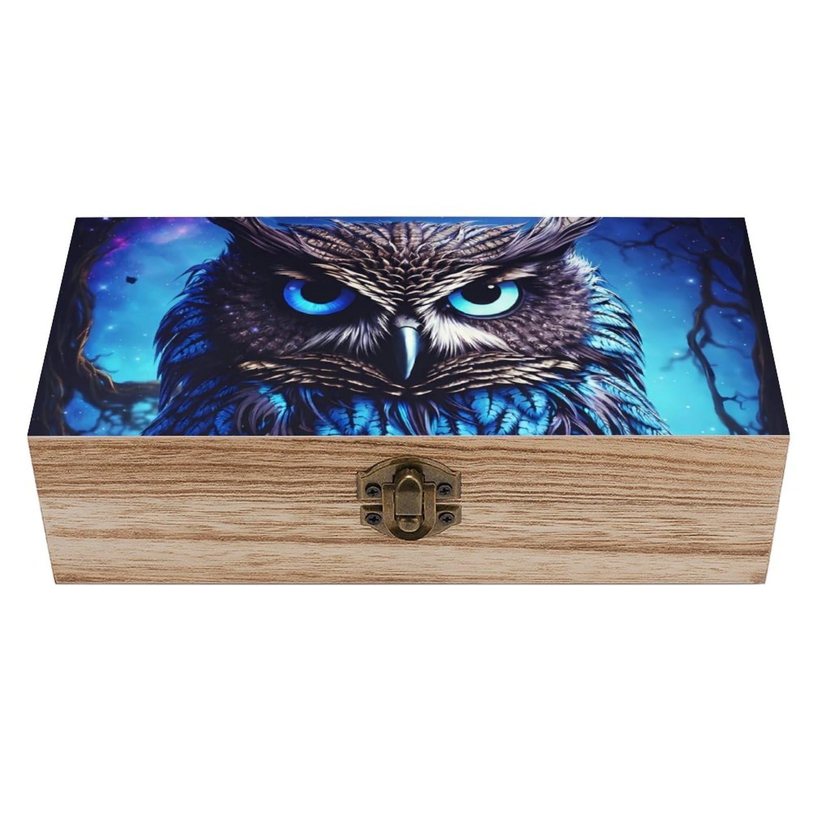 SMAZDFXX Blue Owl Wooden Storage Box With Hinged Lid Decorative Front Clasp Keepsake Boxes
