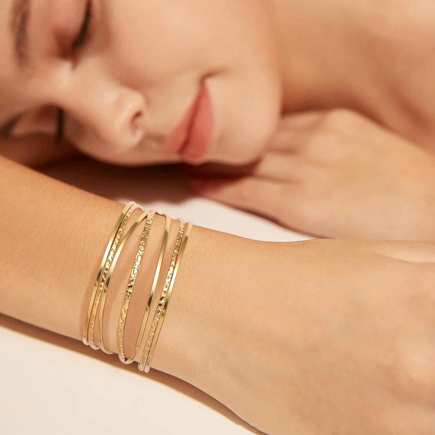 18K Gold-Plated Cuff Bracelet for Women Irregular Adjustable Open Bangle Cuff Bracelets Chunky Wide Multi-Layer Hammered Cuff Bracelet - Image 5