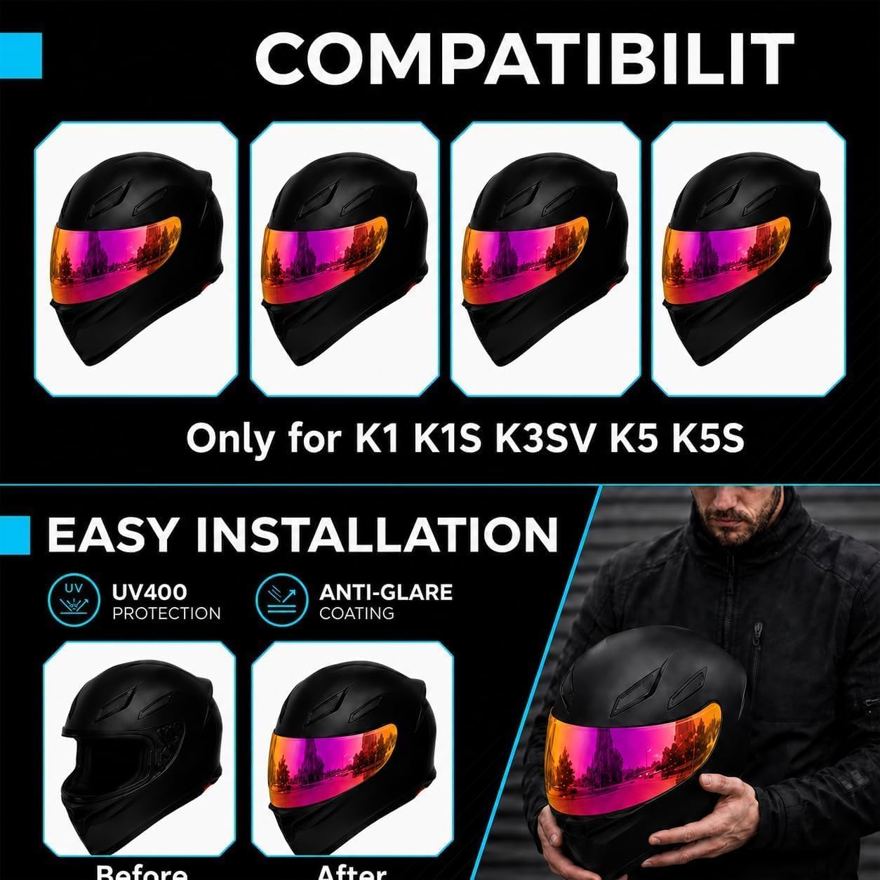 PSLER k1s Visor - k1 Helmet Visor k3 sv Przyciemniany wizjer k5 Zamiennik osłony twarzy dla k1 k1s k3 sv k5, głęboki różowoczerwony