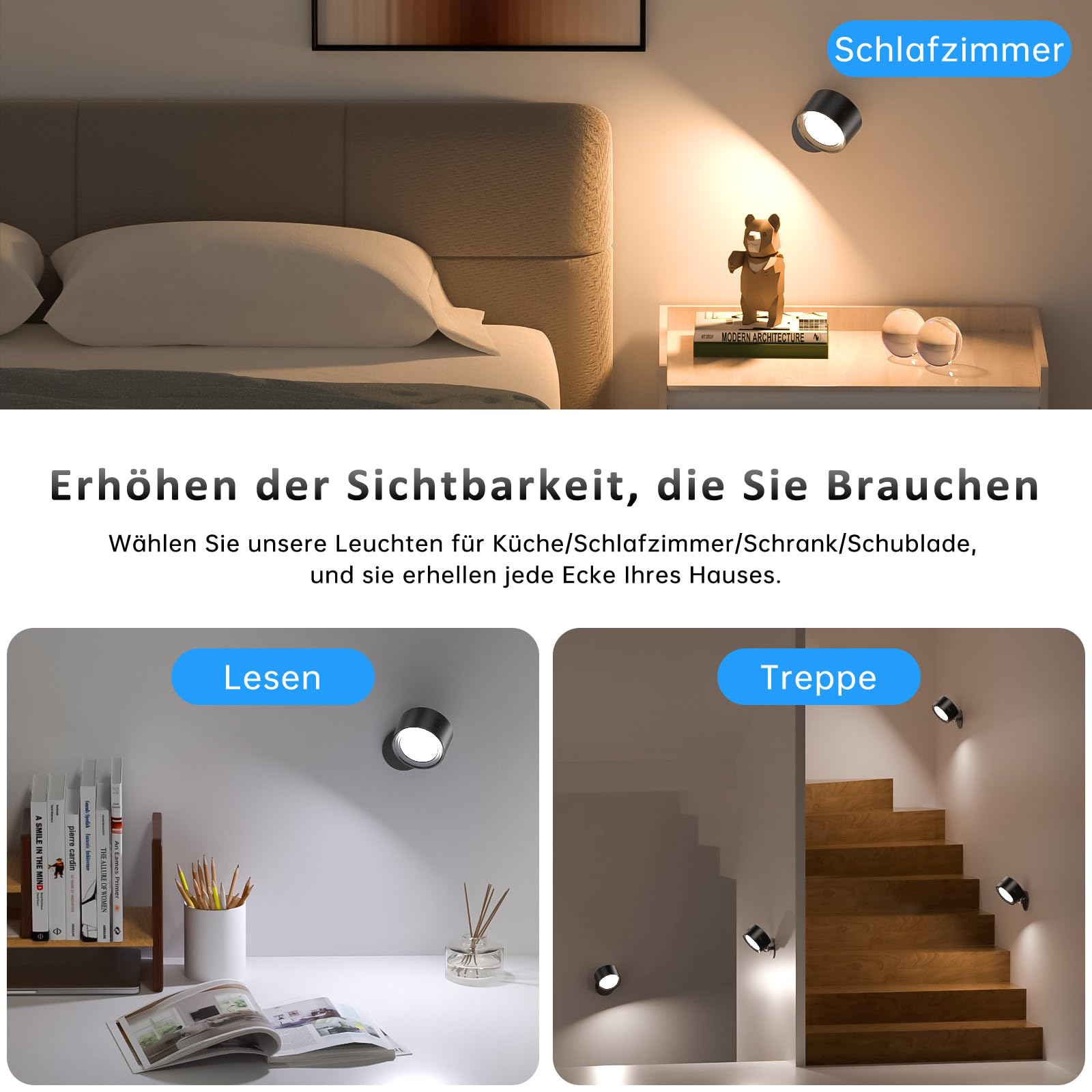 LED Wandleuchte Innen, 2 Stück Akku Wandlampe mit Fernbedienung Kabellos Leselampe, 3 Farbmodi Dimmbar Nachttischlampe Wandlicht, 360° Drehbare Aufladbare Leuchten für Treppe Wohnzimmer Schlafzimmer