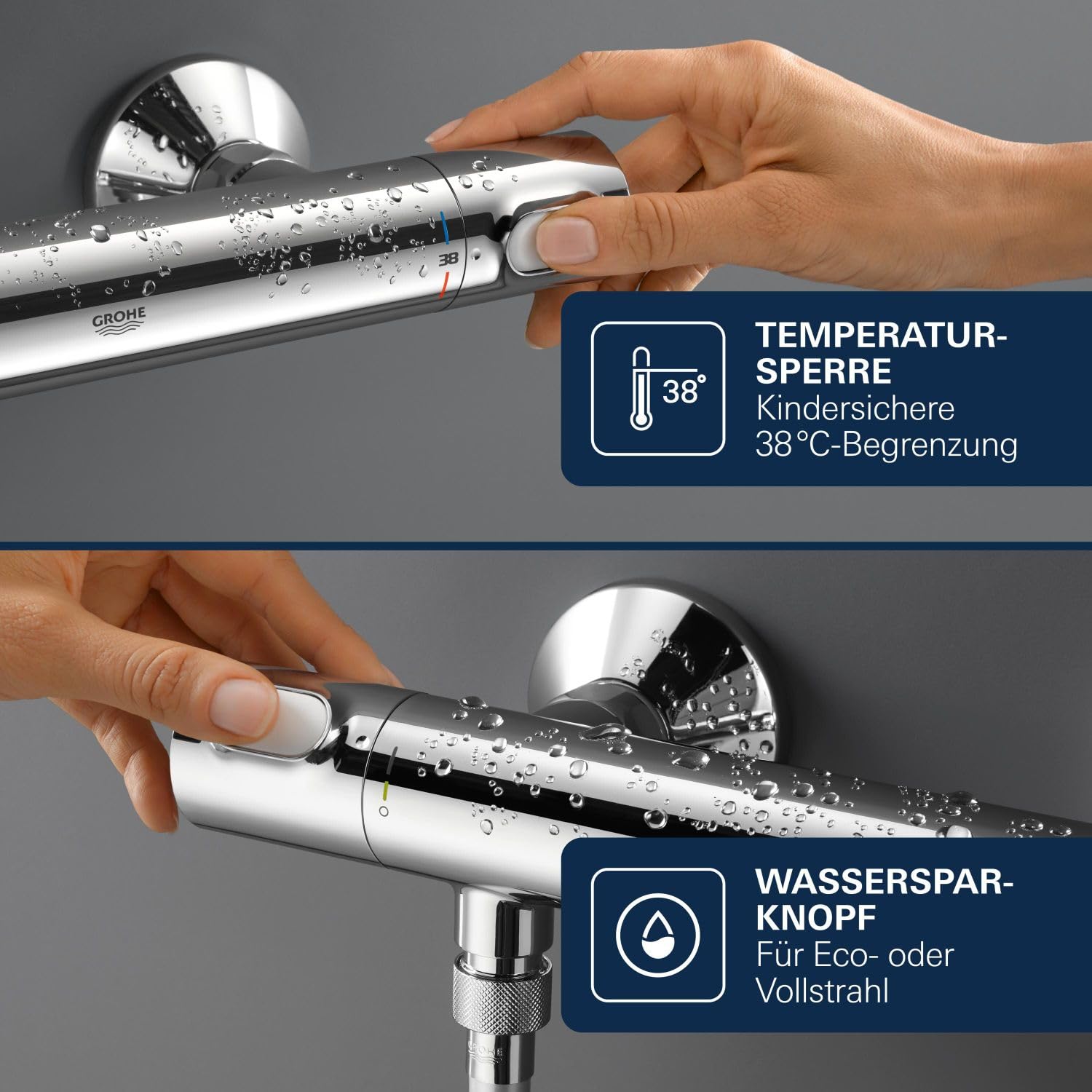 GROHE Precision Flow, Duscharmatur wassersparend (Thermostat hält Temperatur konstant, Verbrühschutz bei 38°C, Mischbatterie mit Wasserspartaste für die Dusche, mit 3in1 Werkzeug), chrom, 34840000