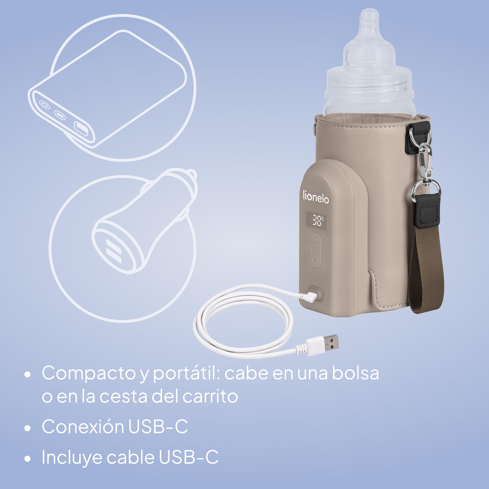 LIONELO Thermup Go Evo Calientabiberones Portátil Para Bebé, Mantiene los Líquidos Calientes, 5 Temperaturas de Funcionamiento de 38 a 50 oC, hasta 9 horas de Funcionamiento Pantalla LCD (Beige topo) | Mantiene calientes los líquidos, 5 temperaturas de 38