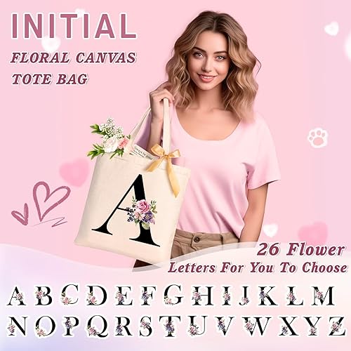 Miniatura 2 de Regalos de cumpleaños personalizados para mujer, bolsa de lona floral con iniciales con 2 bolsillos interiores, regalos de boda para mujeres, dama