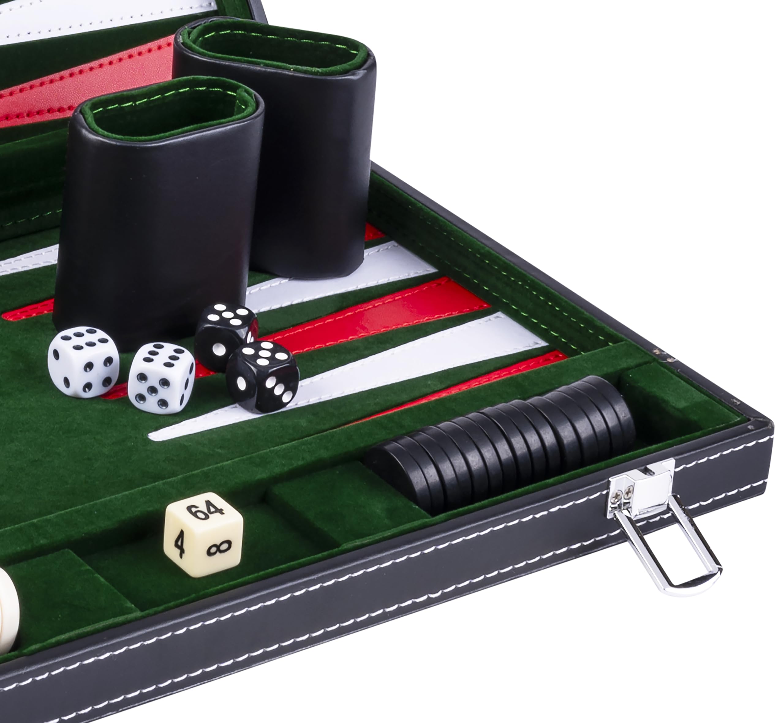 Engelhart – 250517 – Backgammon 15” (38 cm) in Similpelle Cucita – Tavola con Velluto e Cuciture – Aperta: 36x48 cm – Verde, Rosso, Bianco – Gioco da Tavolo Portatile per 2 Giocatori
