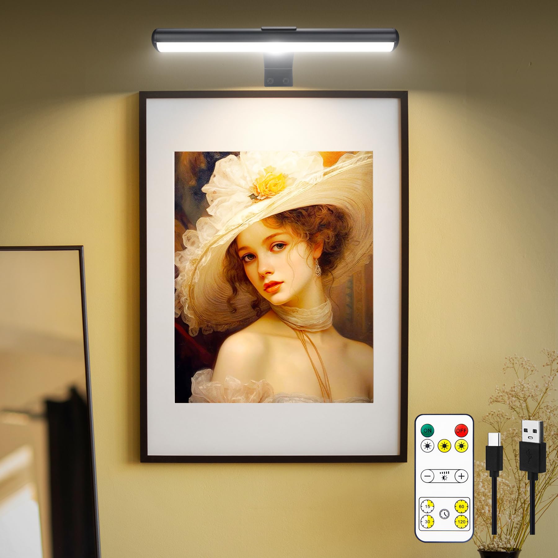 TINTINDOC Battery Operated Picture Light 13’’ with 3 Lighting,Full Metal Wireless Painting Light for Pictures, Remote Art Light for Wall Dimmable, 6000mAh Rechargeable Picture Lights for Gallery Dart