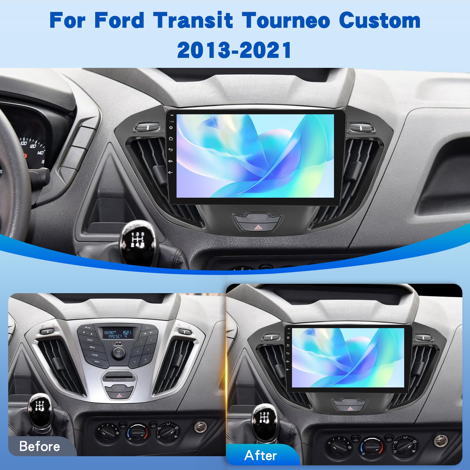 Android Autoradio pour Ford Transit Tourneo Custom 2013-2021, 9 Pouces Écran Tactile Stéréo Supportant sans Fil Carplay & Android Auto/GPS/WiFi/EQ Audio/Bluetooth/FM RDS Radio/SWC