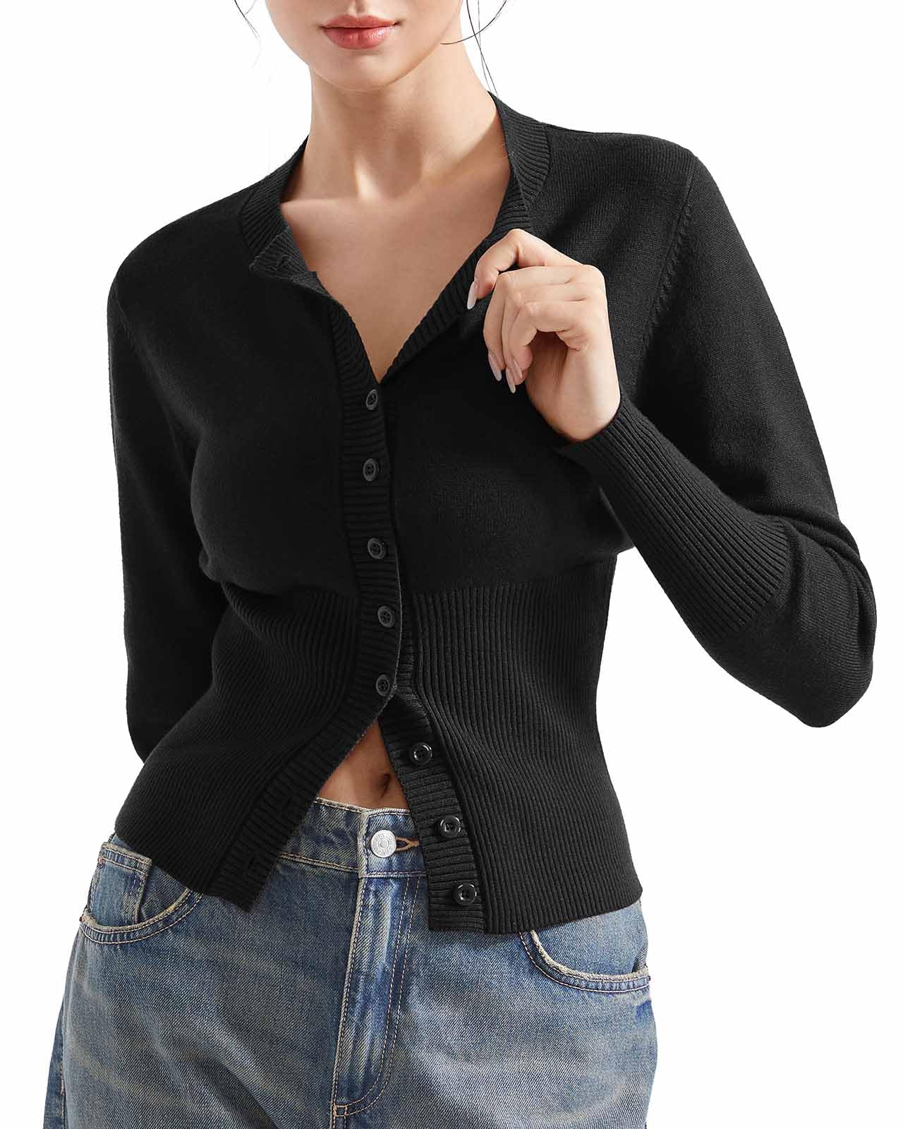SUUKSESS Women Button Down Cardigan Crew Neck Sweaters Ribbed Knitted Slim Fit Tops
