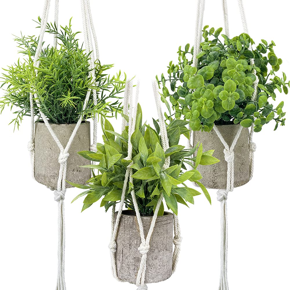 OXSAYTEE 3 Pack Mini Potted Artificial Plants with Plant Hangers, Fake Green Eucalyptus Plants, Plastic Green Rosemary Plant, Faux Small Houseplants for Home Wedding Office Balcony Indoor Decoration