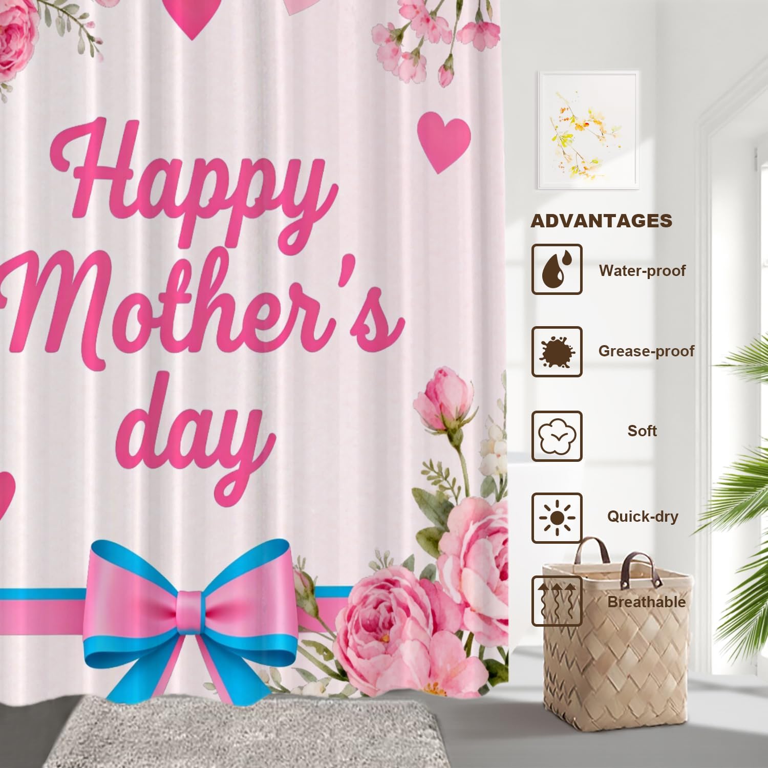 Happy Mother Day Decor Shower Curtain Set,Mother's Day Pink Carnations with Ribbon Polyester Shower Curtain for Shower Stall Bathroom Waterproof with 12 Hooks 72x72 Inch