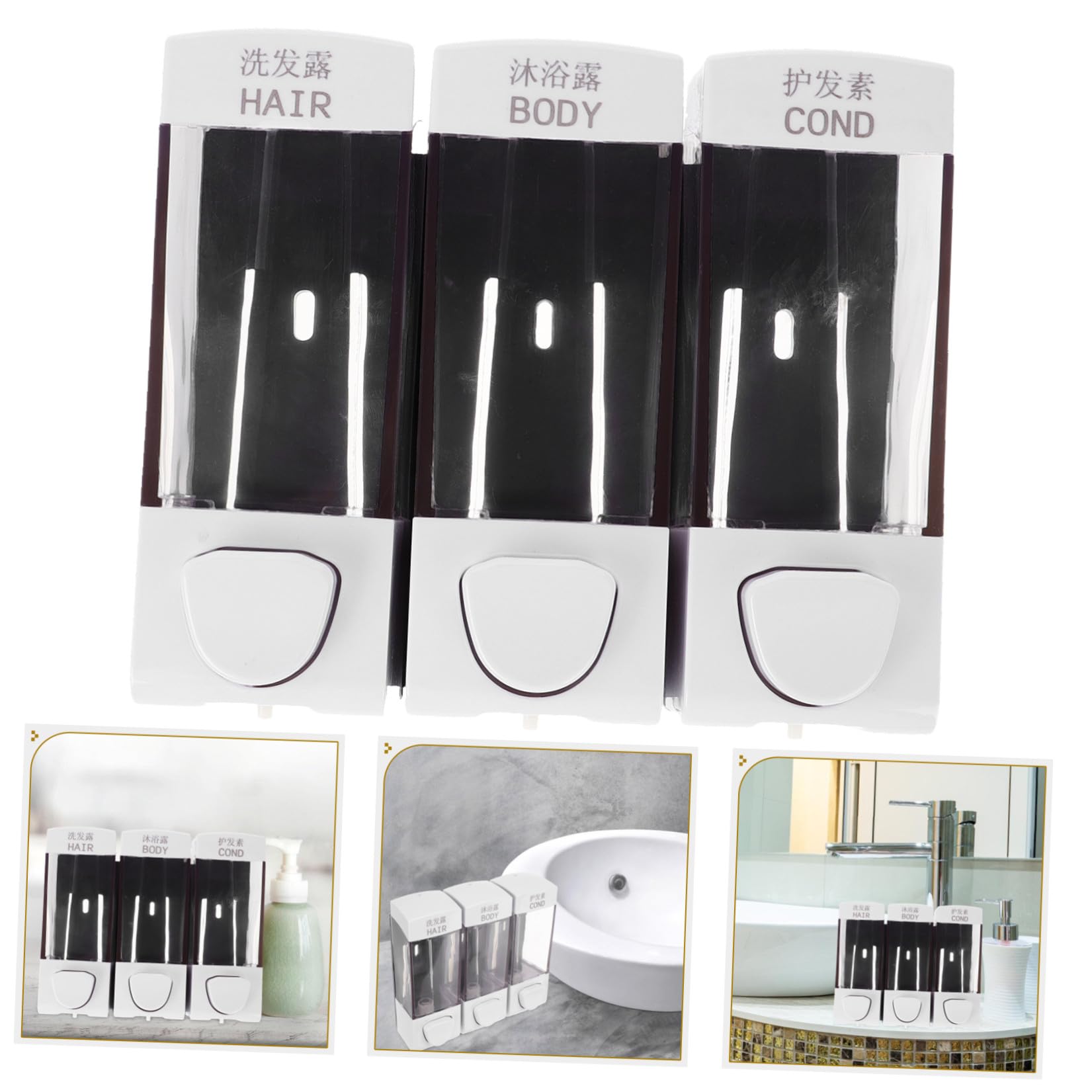 Toyvian Dispenser Sapone Liquido da Parete senza Foratura 3 Scomparti 1050 Ml in Abs Facile da Installare per Bagno e Uso Familiare