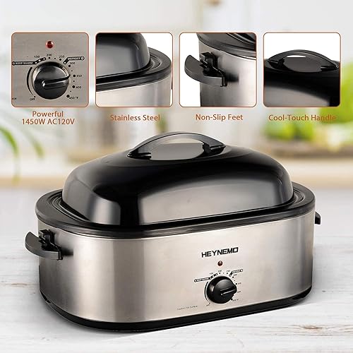 Miniatura 3 de HEYNEMO - Horno asador eléctrico de 20 cuartos de galón con tapa autohilvanante, bandeja y rejilla para pavo extraíbles, control de temperatura