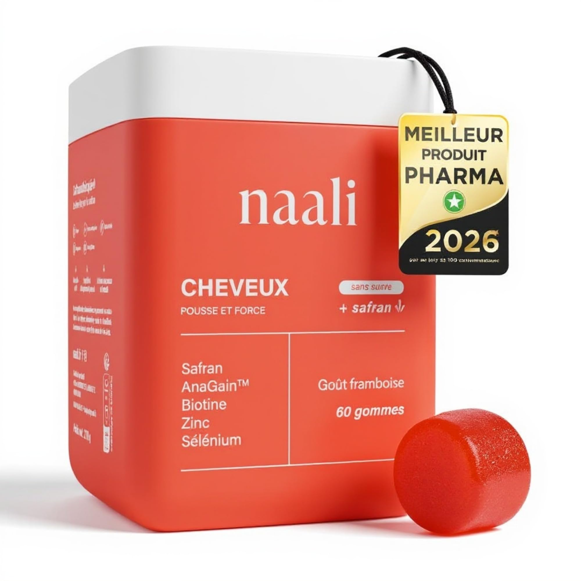 Naali Cheveux Gummies Safran AnaGain Zinc Sélénium – 60 Gommes - Complément Alimentaire Beauté Capillaire – Maintien des Cheveux Normaux – Sans Sucre, Goût Framboise - Routine Bien Etre