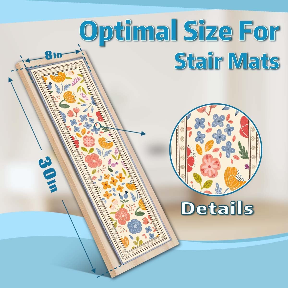 Non-Backed Membrane Stair Tread Mats, ‘8x30 Inches’ Edge Stair Tread Non-Slip Carpet Rugs, Silent Tread Mats, Wooden Steps Indoor Stair Rugs, Stair Decorative Carpets (Flower Sea, 15pcs)