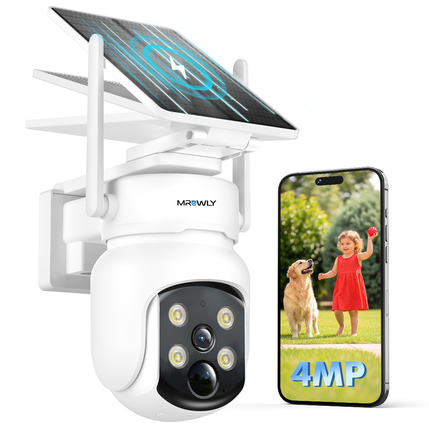 2.5K 4MP Camera Surveillance WiFi Exterieure sans Fil, 360° PTZ Camera Exterieur Solaire Batterie avec Panneau Solaire Amovible, 2.4/5G WiFi, Vision Nocturne Couleur, Audio Bidirectionnel