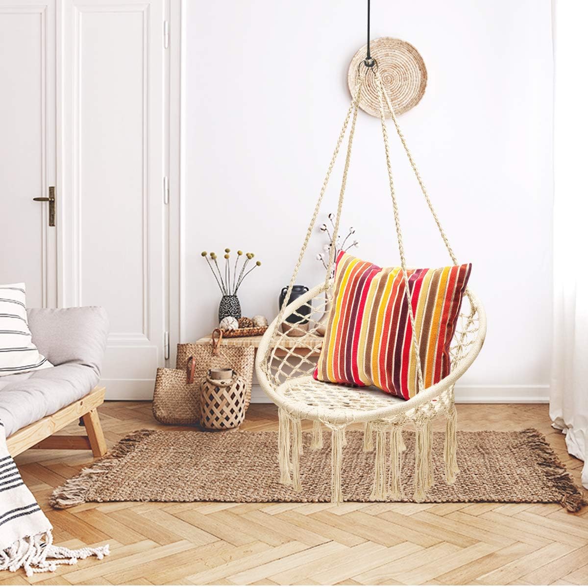 Giantex Hanging Hammock Chair, Macrame Hanging Chair 330 Pounds Capacity, Cotton Rope Handwoven Tassels Porch Swing Chair for Bedroom, Living Room, Yard, Garden, Balcony, Indoor/Outdoor (Beige)