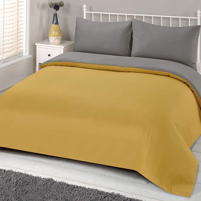 Brentfords Plain Dye Duvet Cover Quilt Bedding Set With Pillowcase, Ochre Yellow Mustard Grey - Double