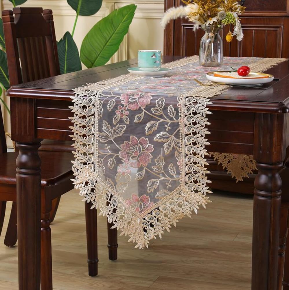 Organza Flower Lace Embroidery Table Runner,Rectangle Macrame Floral Dresser Scarf Tabletop Decoration Hollow Out TV Cabinet Cover,15"x122"