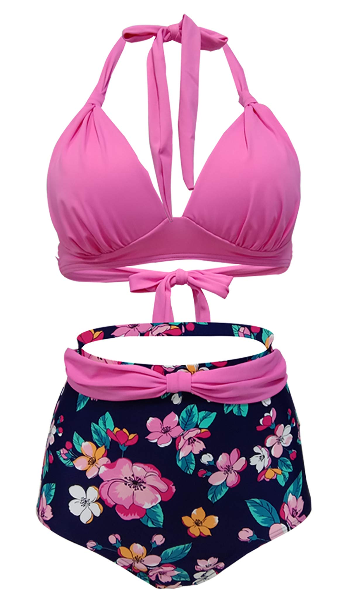 Bslingerie Bikini rétro vintage push-up taille haute pour femme - Rose - Taille M