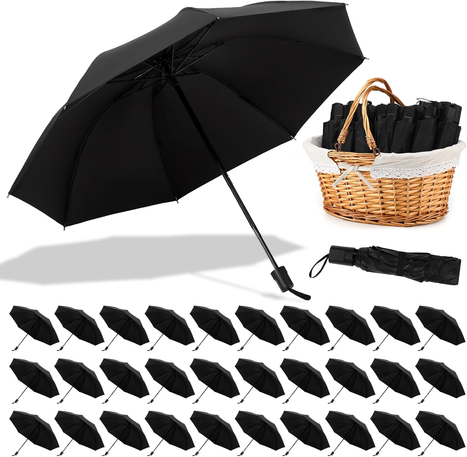 30 Pcs Wedding Umbrellas Bulk with Basket 37" Compact Windproof Umbrellas for Wedding Guests Outdoor Party Events