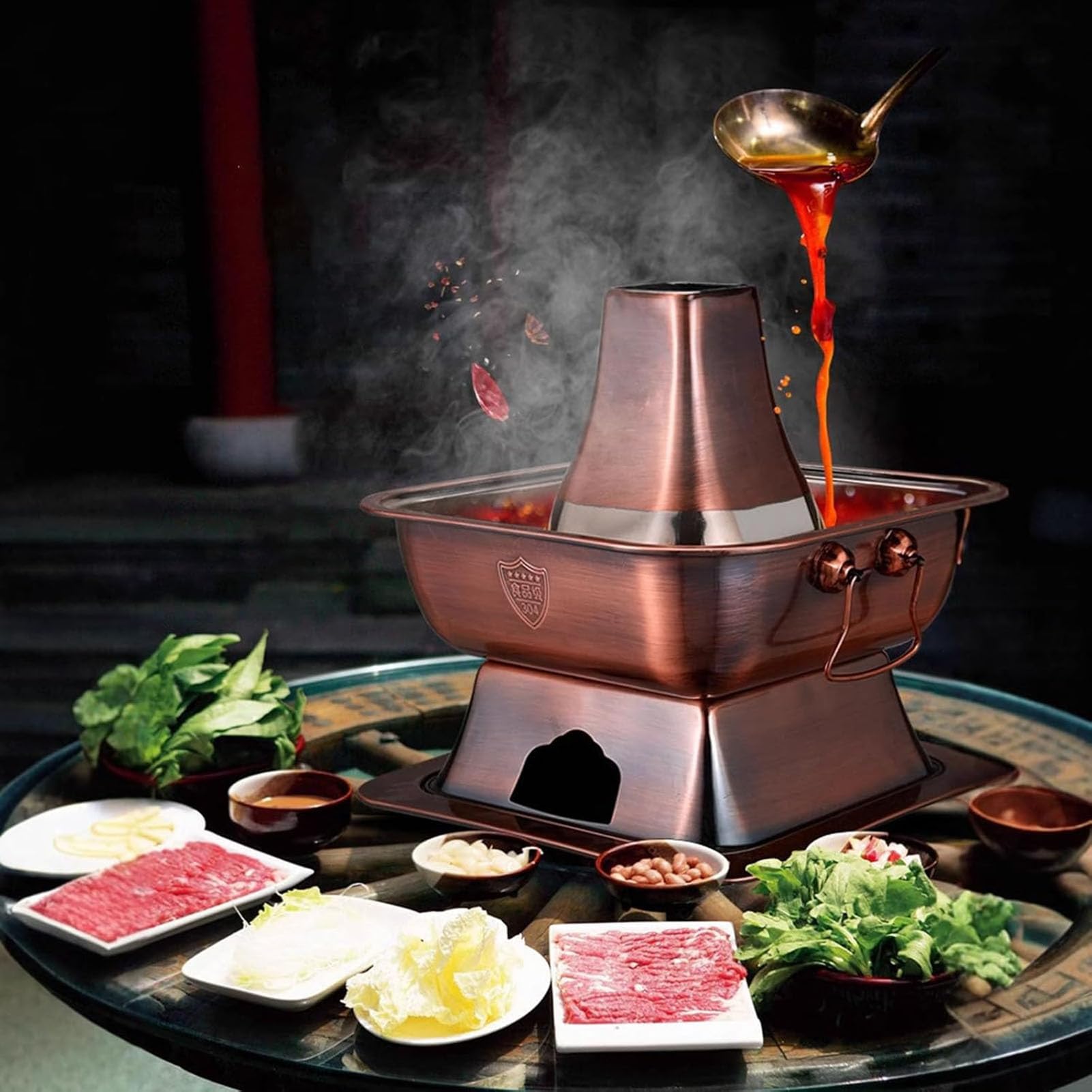 Gorący kociołek węglowy miedziany, Shabu Hot Pot z pokrywką, Stary pekiński garnek do gotowania,Silver,34cm/13.4in