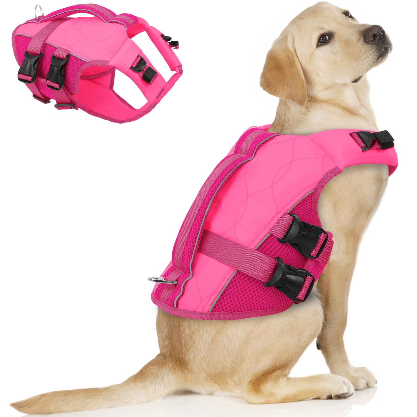 ASENKU Giubbotto Salvagente per Cani con Maniglia di Salvataggio, Giubbotto Salvataggio Cane con Elevata Galleggiabilità, Giubbotto di Sicurezza Cane Leggero Ripstop con Strisce Riflettenti Rosa L