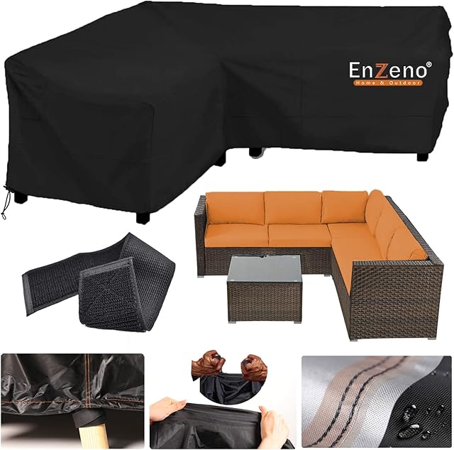 Enzeno Garden L-Shape Furniture Cover Waterproof, 420D Heavy Duty Oxford Fabric Outdoor Rattan Corner Sofa Cover with Waterproof Tape (222*286*87cm)