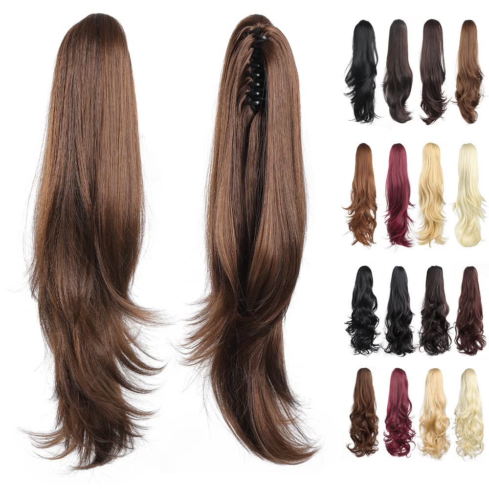 HSPJHTM Ponytail Extension,24" Brown Claw Clip Hair Extensions for Women Straight Hair Piece Synthetic Wavy Pony Tail Halloween Fluffy Daily Use