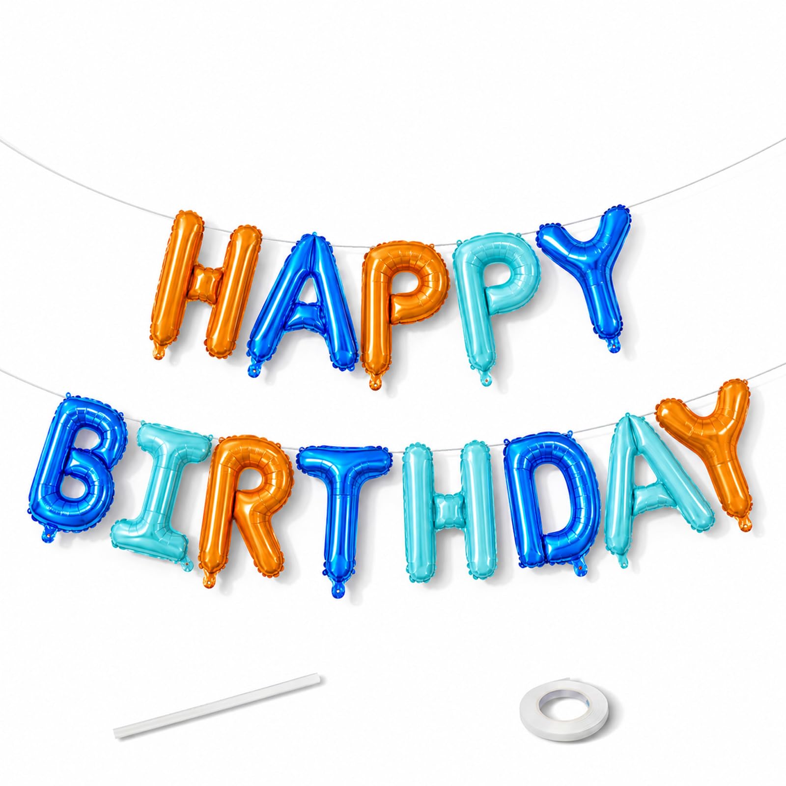 Happy Birthday Balloon Banner, Blue and Orange Happy Birthday Letter Foil Balloons, 16 Inch Blue and Orange Balloons for Boys Men Race Car Beach Party Decorations Supplies