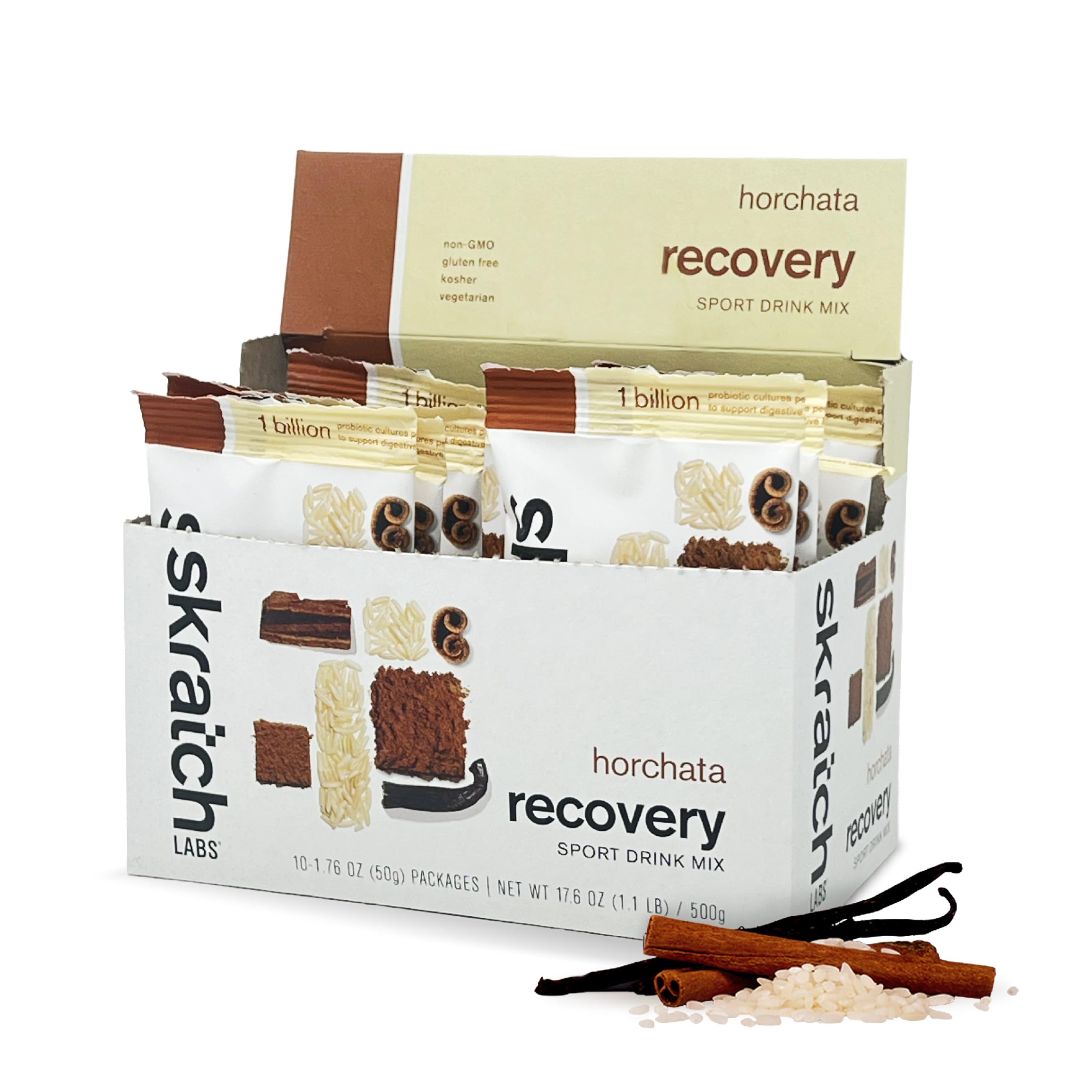 Skratch Labs Bebida em pó para pós-treino, proteína do leite 8 g, sabor horchata, 10 sachês de 50 g